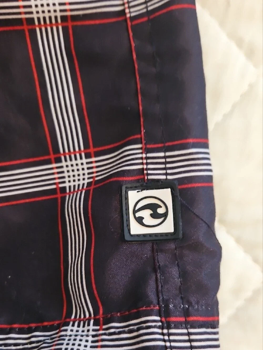 Black Plaid Boy's Swim Shorts with Red and White Windowpane